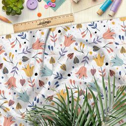 Ткань сатин пастельные колокольчики на белом фоне