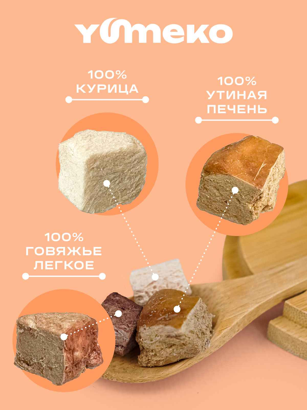 YUMEKO Сублимированное лакомство для кошек и собак c говяжьим легким, утиной печенью и кусочками курицы, 20 г