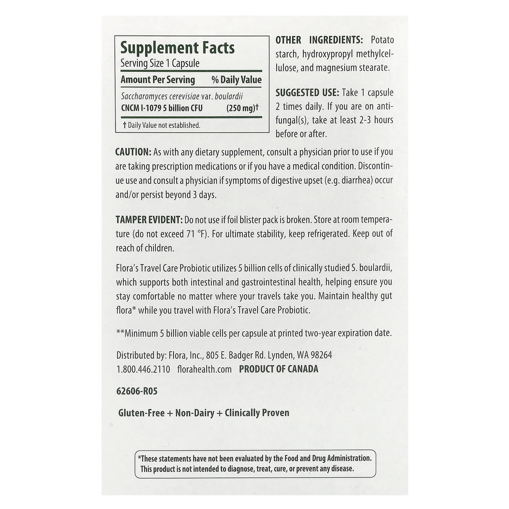 Flora, Пробиотик Travel Care, 5 миллиардов КОЕ, 30 вегетарианских капсул