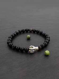 Рука да Винчи — браслет из Чёрного агата с полосками + шарм с Нефритом (серебро)