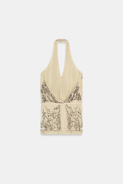 ZARA ТОП ХАЛТЕР С ВЫШИВКОЙ ХАЛТЕР — ZW COLLECTION LIMITED EDITION, БЕЖЕВЫЙ