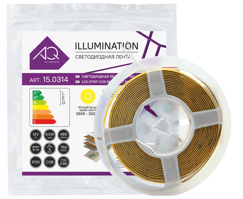 Лента светодиодная COB, 480 LED, 12V, 9,6W/м, 5 мм, IP20, теплый белый, 5м, AQ (15.0302)