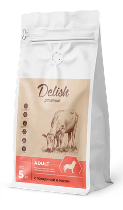 Сухой корм DELISH premium для взрослых собак средних и крупных пород с говядиной и рисом - 5 кг