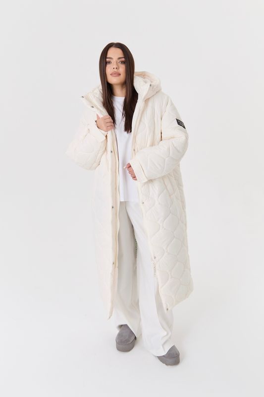 Пуховик стеганый длинный, молочный