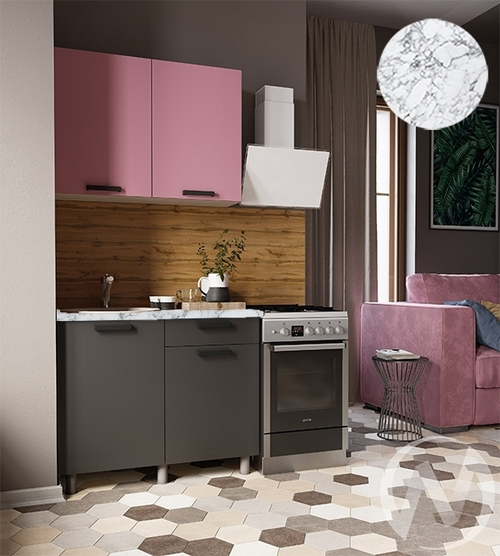 Кухня Кьяра 1.0м (корпус белый/карбон сакура; карбон вулкан) 26мм мрамор итальянский