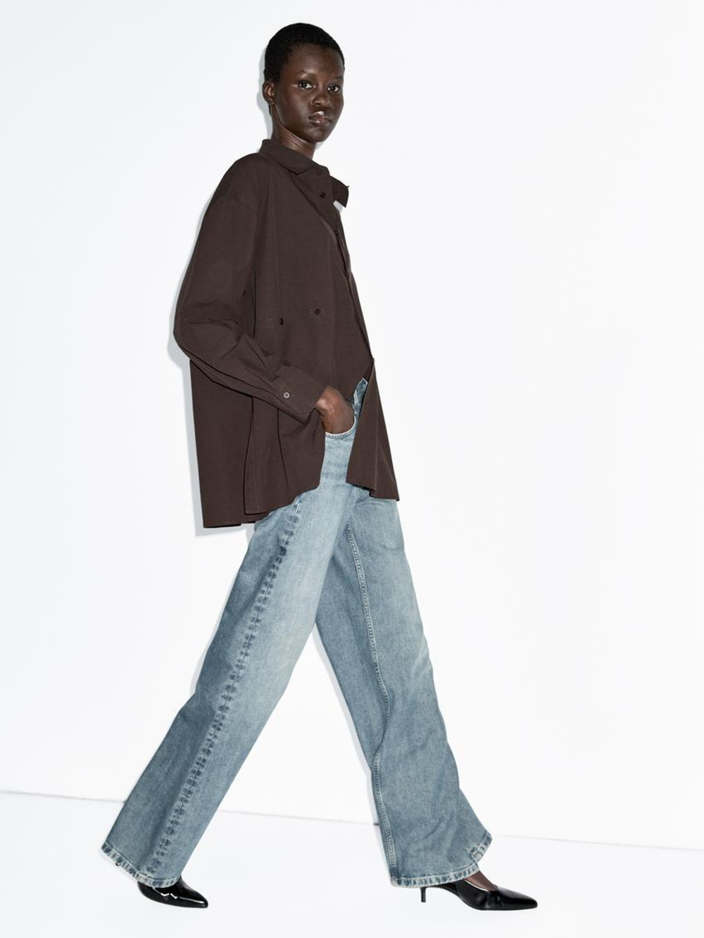 Massimo Dutti Рубашка из поплина асимметричного кроя с пуговицами, коричневый