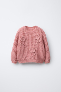 ZARA ВЯЗАНЫЙ СВИТЕР С ВЫШИТЫМИ ЦВЕТАМИ, КОРАЛЛОВО-РОЗОВЫЙ