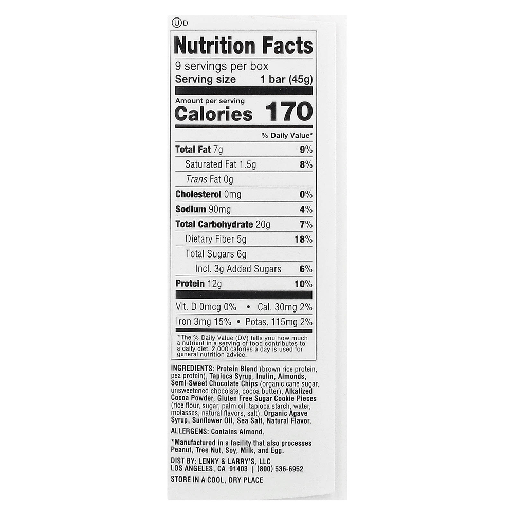 Lenny & Larry's, The Complete Cookie-Fied Bar, шоколадно-миндальная морская соль, 9 батончиков, 45 г (1,59 унции)