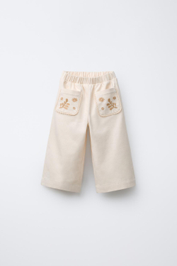 ZARA БРЮКИ С ШИРОКИМИ ШТАНИНАМИ И ВЫШИТЫМ КАРМАНОМ, ЭКРЮ