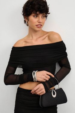 Лонгслив с открытыми плечами из сетки стрейч черного цвета