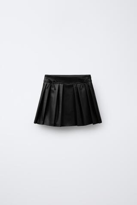 ZARA ЮБКА В СКЛАДКУ ИЗ ИСКУССТВЕННОЙ КОЖИ С БАНТАМИ, ЧЕРНЫЙ