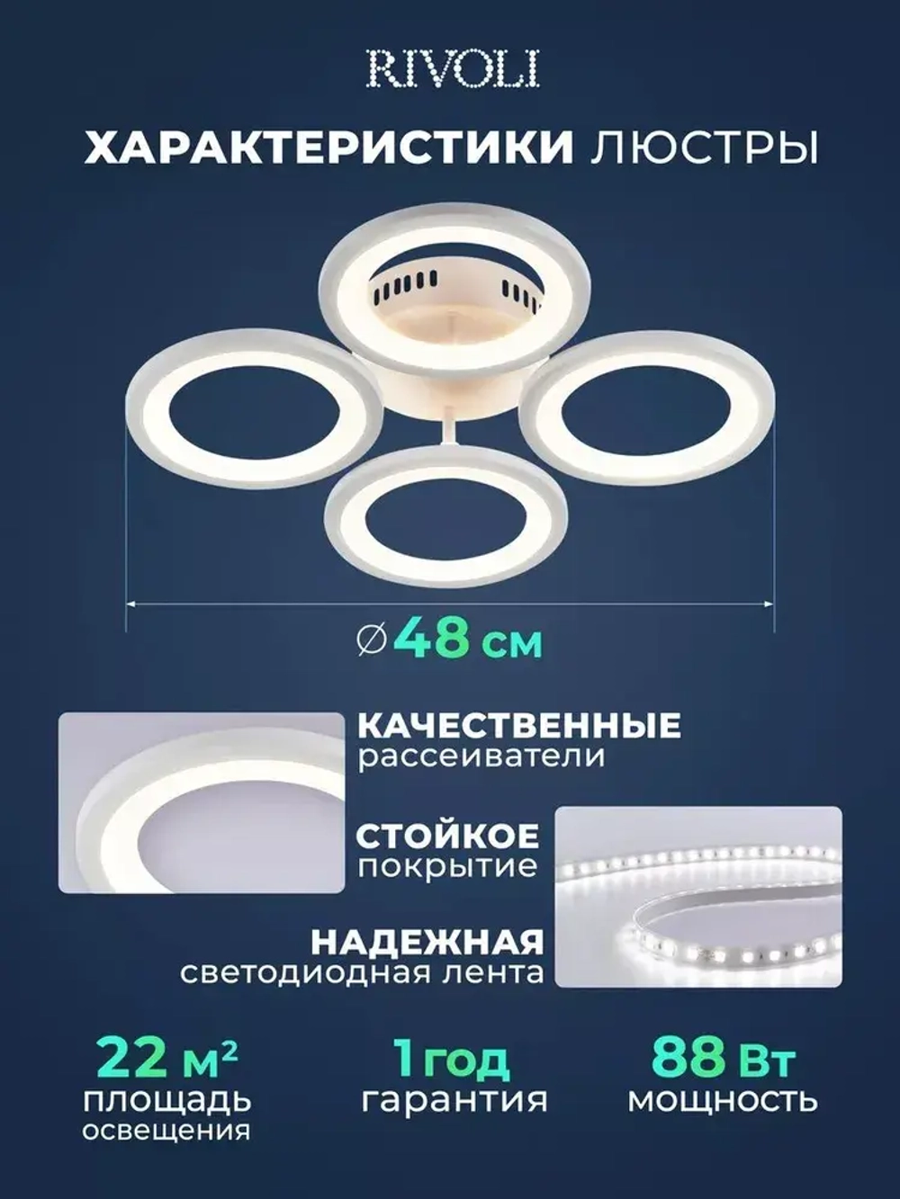 Люстра потолочная светодиодная с пультом ДУ Rivoli белая 88Вт 2800-6300К, светильник на кухню, в детскую, в спальню