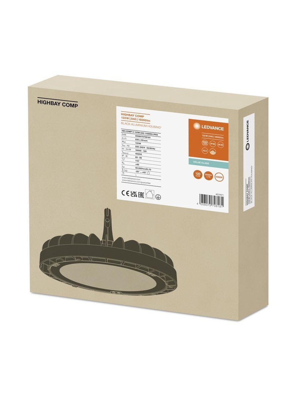 Светильник светодиодный HIGH BAY COMPACT ДСП 133Вт 6500К IP65 16000лм для высоких пролетов хайбей темперир. стекло черн. LEDVANCE 4058075764453