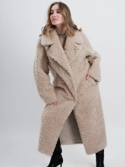 Шуба чебурашка длинная из овечьей шерсти, светло-бежевая, SilverFox