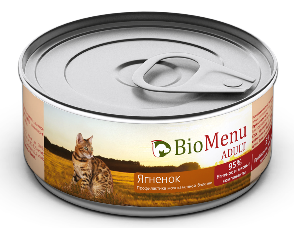 Мясной паштет с Ягненком 95% МЯСО, 100гр, BioMenu ADULT консервы для кошек, ламистер