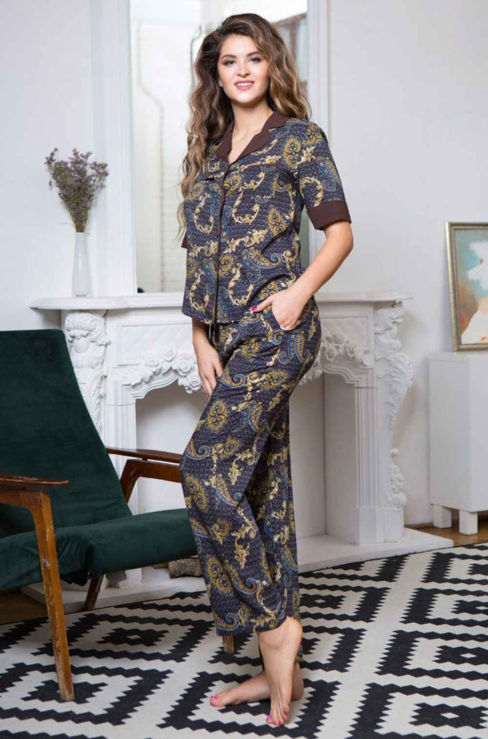 Домашний комплект Elania из принтованной вискозы (Размер: XL) (Цвет: коричневый)