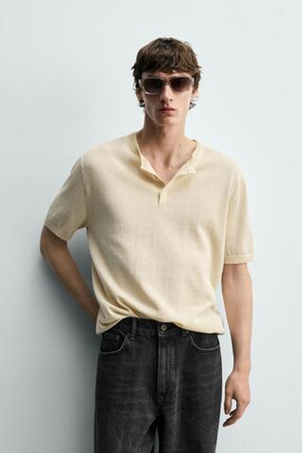 ZARA ФУТБОЛКА ИЗ СМЕСОВОГО ХЛОПКА И ЛЬНА, ЭКРЮ