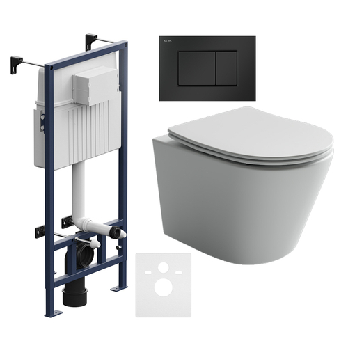 Комплект подвесной безободковый унитаз Ceramica Nova Balearica CN6000MW белый матовый с сиденьем микролифт + инсталляция Am.Pm ProC I012707.0238 с клавишей смыва ProC S, чёрная матовая