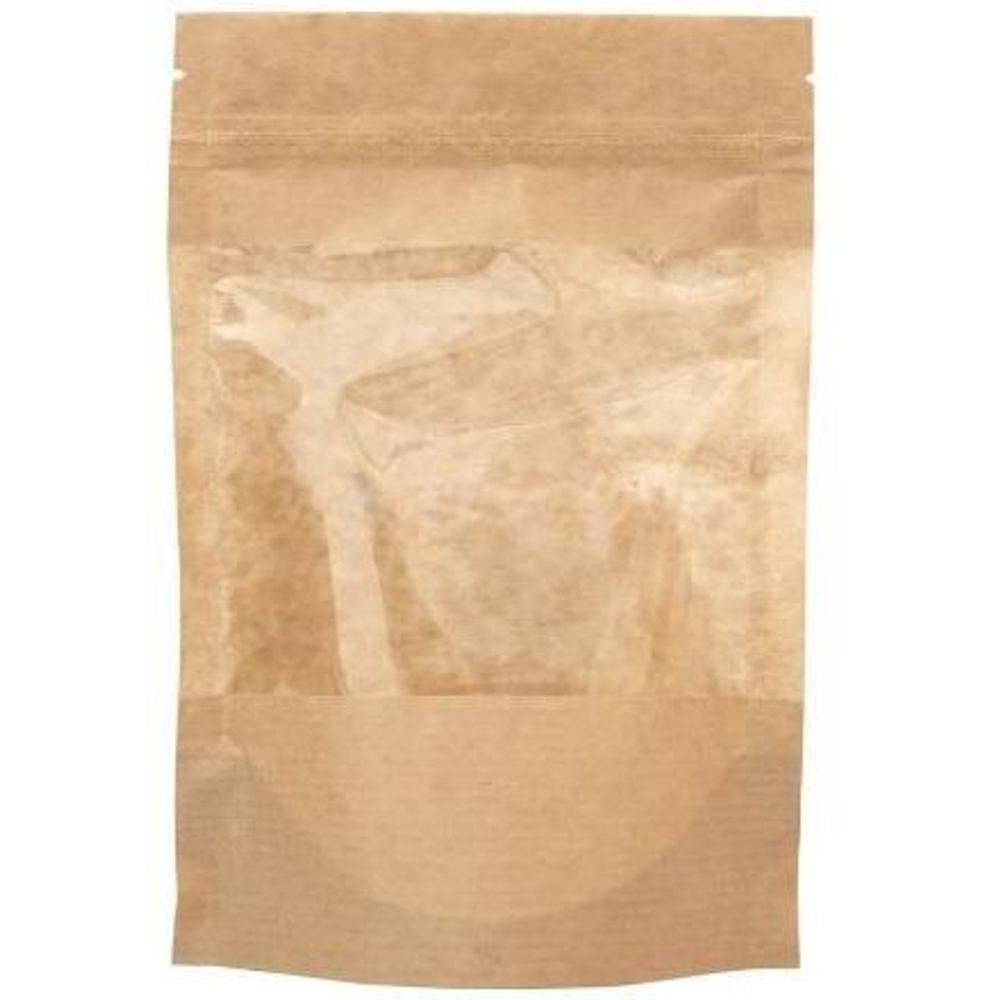 Пакет бумажный Doypack 120х185 (40+40) мм крафт с прозрачным окошком 90 мм (100/700 шт) 121-016