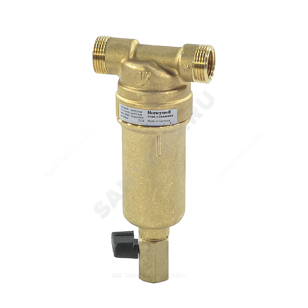 Фильтр сетчатый T-образный латунь Ду 20 Ру25 Тмакс=80 oC G3/4" НР FF06 с краном Honeywell-Braukmann FF06-3/4"AAM