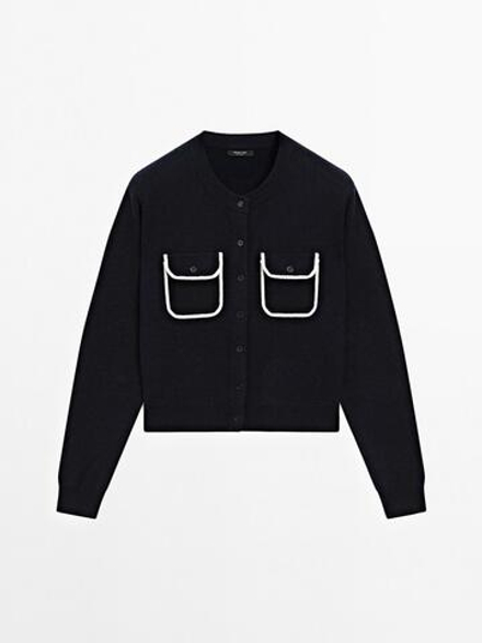 Massimo Dutti Контрастный кардиган с отделкой и карманами, темно-синий