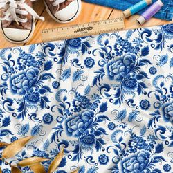 Ткань блэкаут  цветы и розы гжель