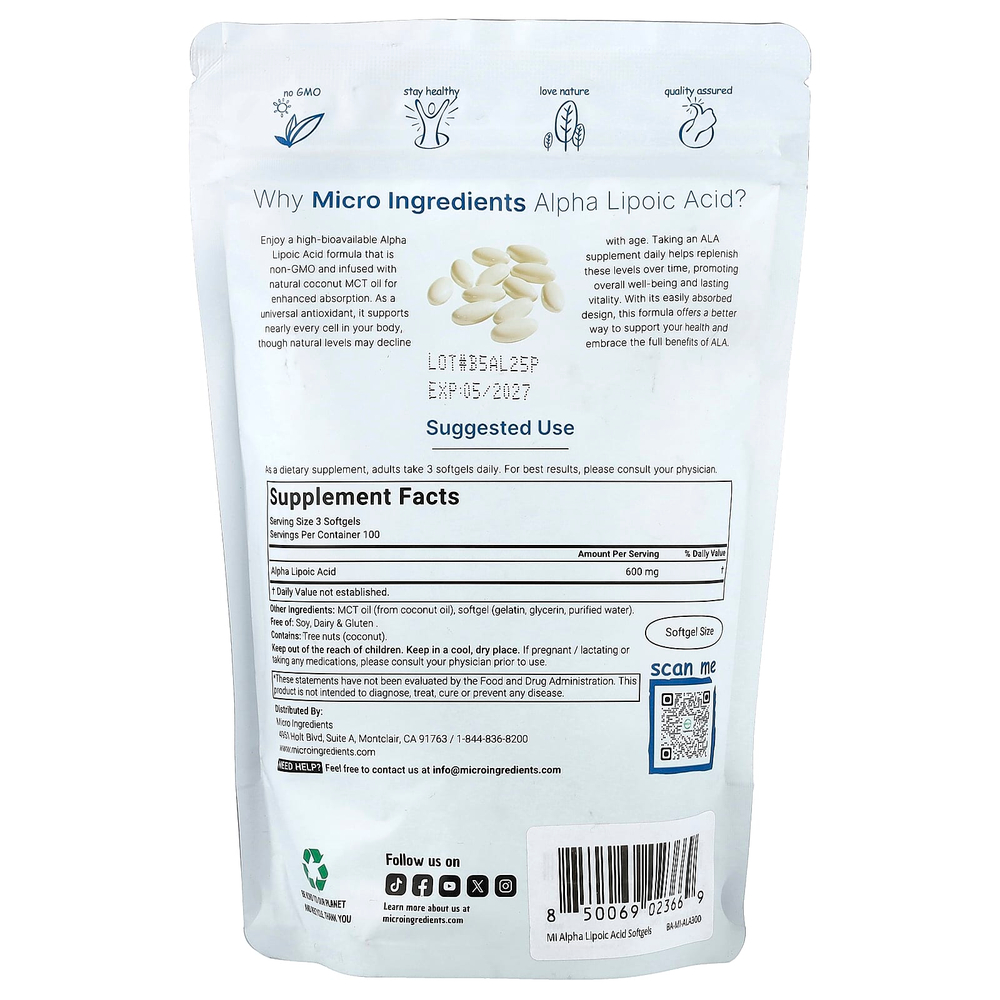 Micro Ingredients, альфа-липоевая кислота, 300 капсул (200 мг в 1 капсуле)