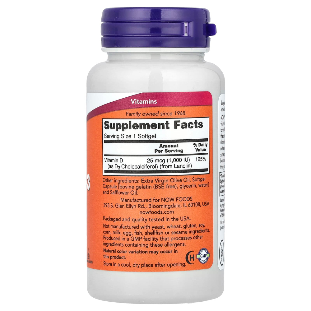 NOW Foods, витамин D3, высокоактивный, 1000 МЕ, 180 мягких таблеток