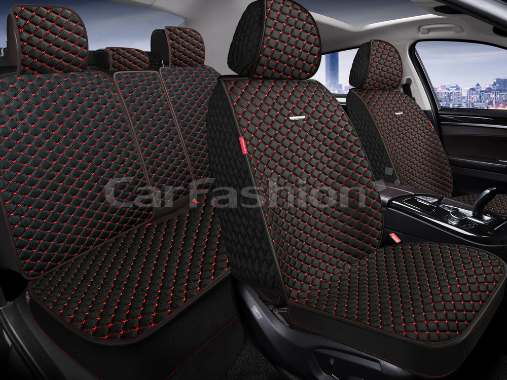 Накидки сидений ПОЛНЫЙ CarFashion (кт) -«RANCHO PLUS» 27355 -ЛЕН черный/черный/красный