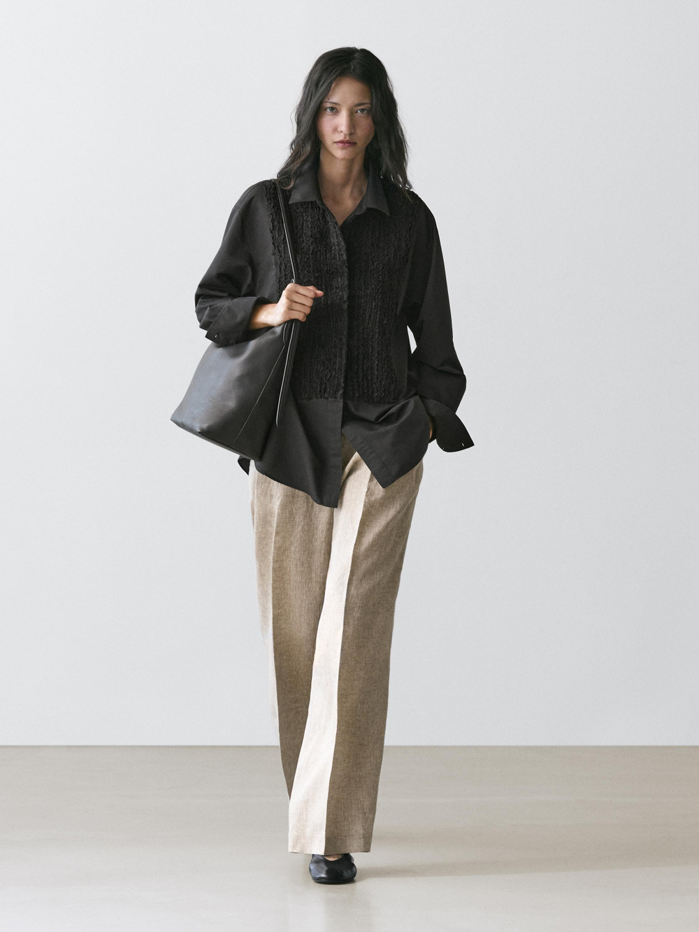 Massimo Dutti Рубашка с большим отложным воротником и вышивкой, черный