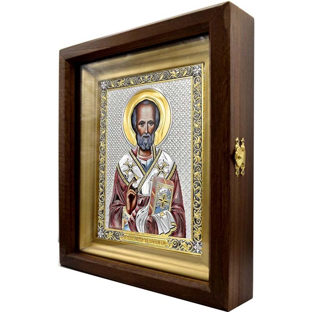 Икона Николая Чудотворца в серебряном окладе в киоте