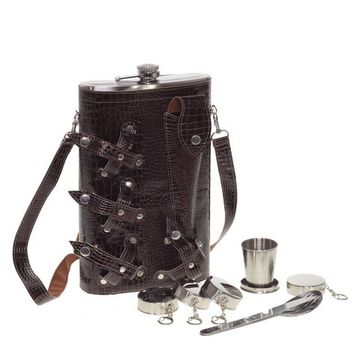 Большая фляга туристическая в кожаной сумке-чехле со стопками, 8 предметов