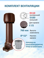 Комплект вентиляции: колпак D160, вент. выход утепленный высотой Н-700 с переходом D110, для кровельного профнастила С-21 мм