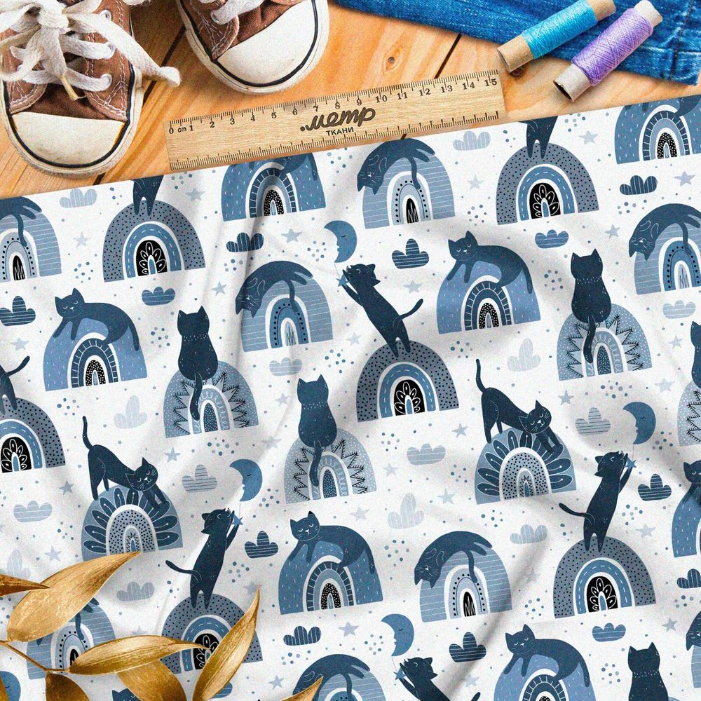 Ткань муслин синие кошки скачут по холмам
