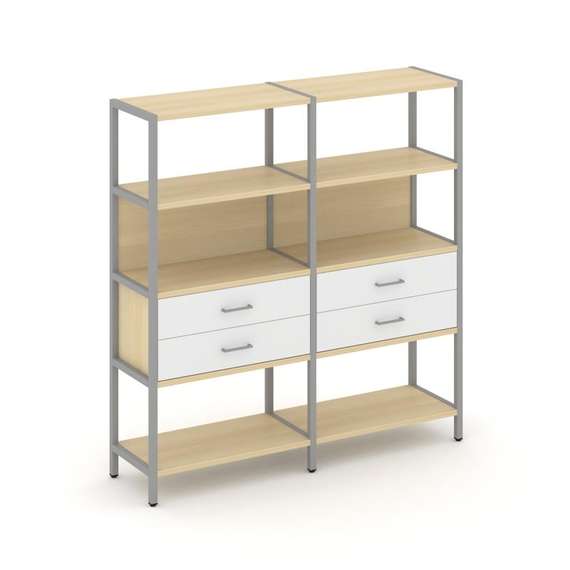 Shelf System Двухсекционный стеллаж четырехярусный с ящиками SN.STM-422 Акация Лорка/Белый/Металл Се
