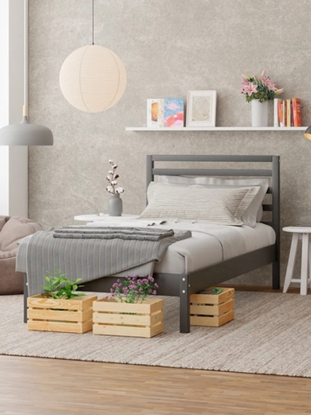 Кровать односпальная 90х200 Тарва из сосны с настилом, серая