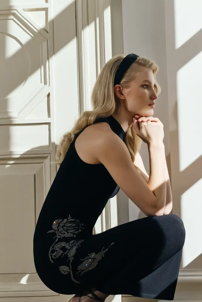 Viva midi, платье миди из черного хлопка со стразами