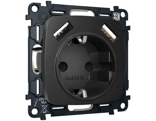 MO809010 Комплект механизма электрической розетки OMEGA Черный матовый 2USB A+A 18W (быстрая зарядка) с/з QUANT (OP8090, VM155)