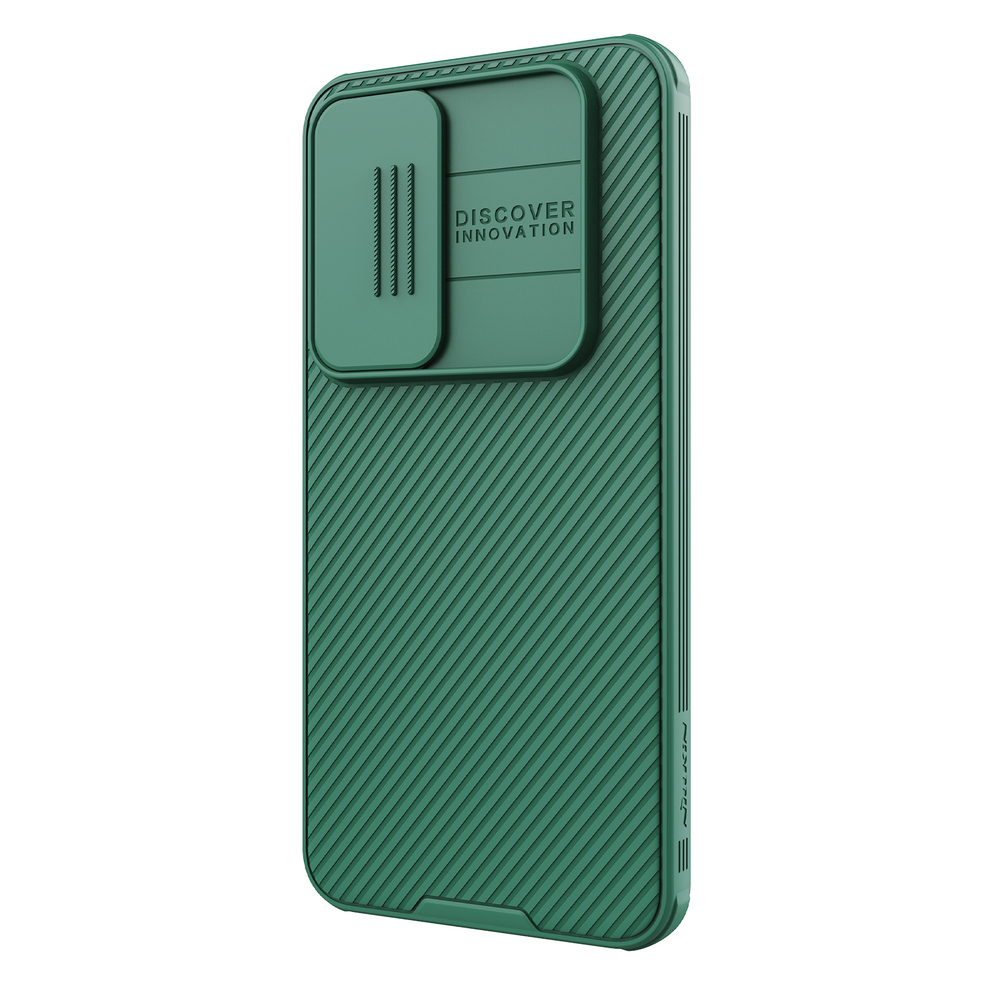 Усиленный чехол зеленого цвета (Dark Green) с сдвижной шторкой для камеры от Nillkin для Samsung Galaxy S24 FE, серия CamShield Pro