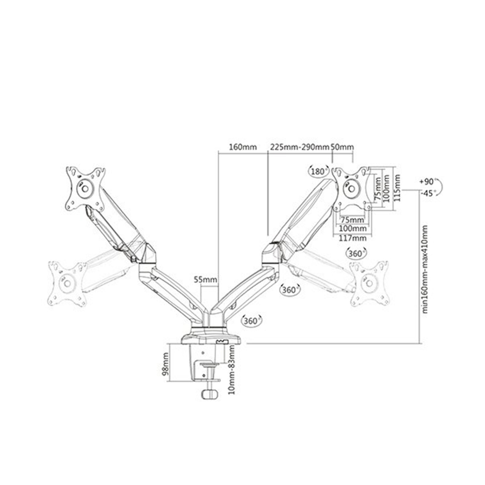 Настольный кронштейн с газлифтом Brateck LDT13-C024 для 2-х мониторов (13"-32")