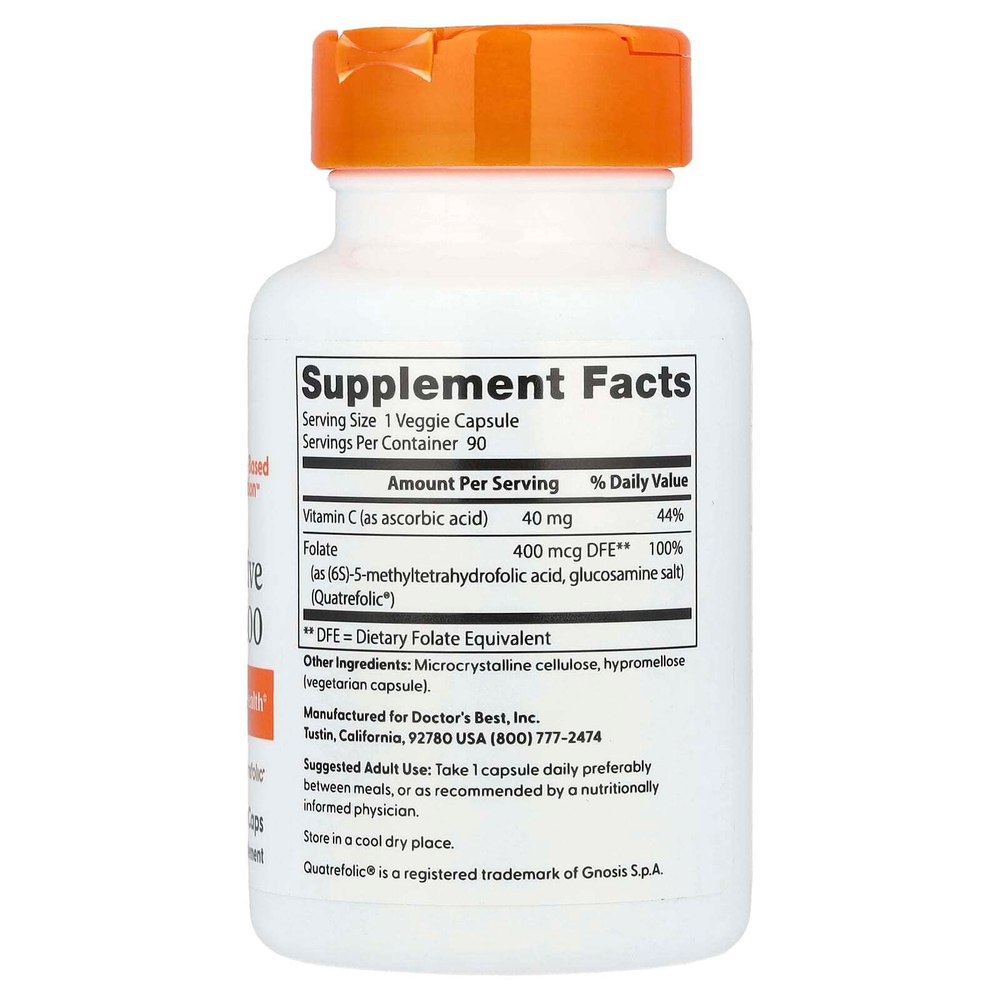 Doctor's Best, полностью активный фолат 400 с Quatrefolic, 400 мкг, 90 вегетарианских капсул