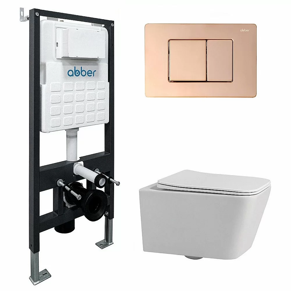 Унитаз подвесной Abber Rechteck AC1201-AC0105-AC0120RG белый, безободковый, с инсталляцией, с крышкой микролифт, с кнопкой золото розовое