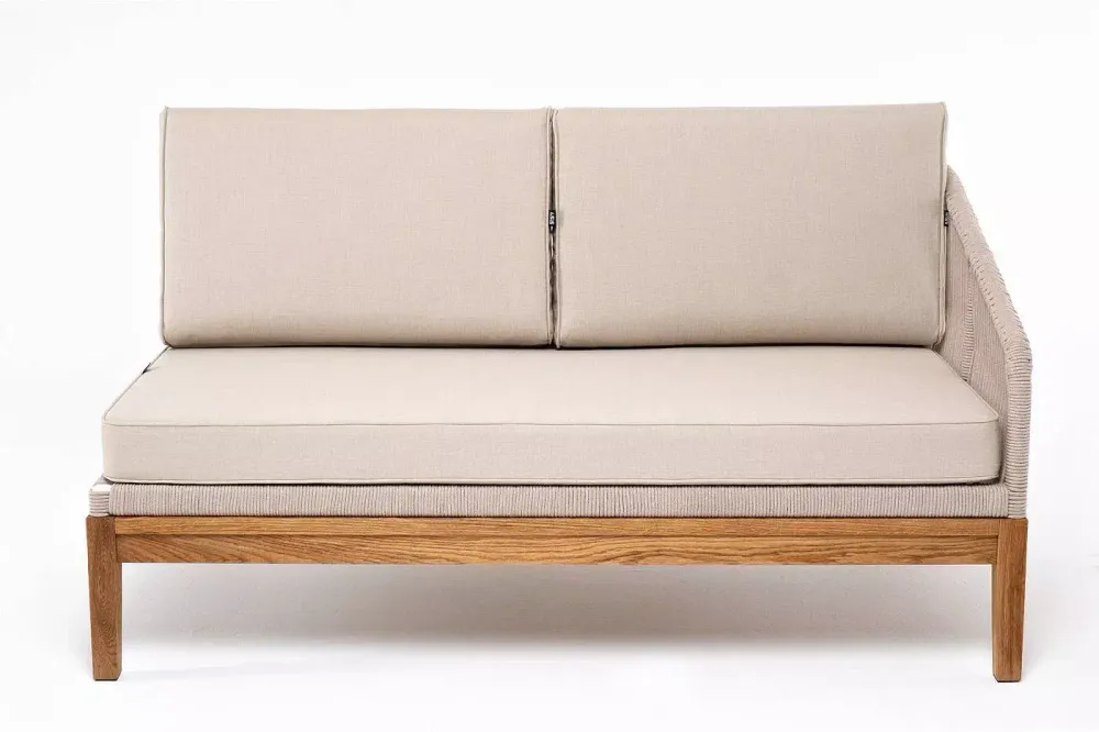 "Канны" левый модуль плетеный из роупа, основание дуб, роуп бежевый круглый, ткань бежевая 052