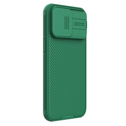 Противоударный чехол зеленого цвета (Deep Green) с защитной шторкой для камеры от Nillkin на iPhone 15 Pro Max, серия CamShield Pro Case
