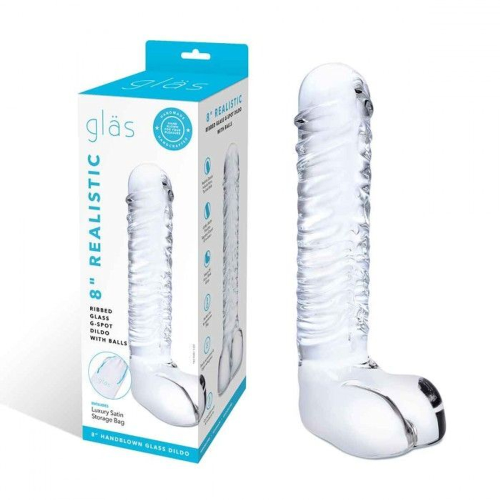 Прозрачный фаллоимитатор 8" Realistic Ribbed Glass Dildo - 20,3 см.