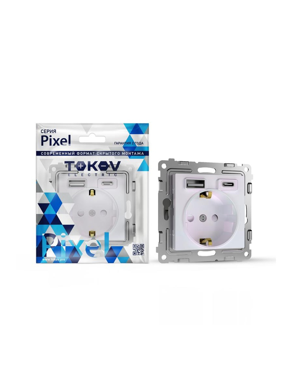 Розетка 1-м СП Pixel IP20 с заземл. с 2-мя заряд. устр. USB тип A+C механизм перламутр. TOKOV ELECTRIC TKE-PX-R1U2AC-C04
