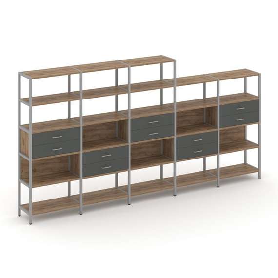 Shelf System Пятисекционный стеллаж пятиярусный с ящиками SN.STM-551 Дуб Табак/Антрацит/Металл Серый