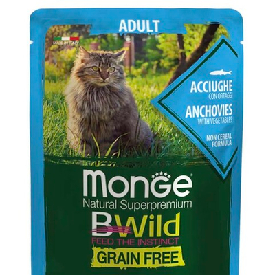 Monge Cat Bwild 85 г (анчоусы с овощами) - беззерновые консервы (пауч) для взрослых кошек