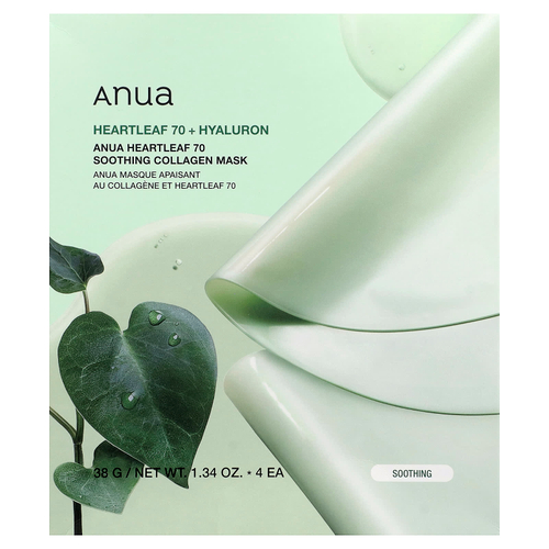 Anua, Heartleaf 70, успокаивающая маска с коллагеном, 4 шт. по 38 г (1,34 унции)