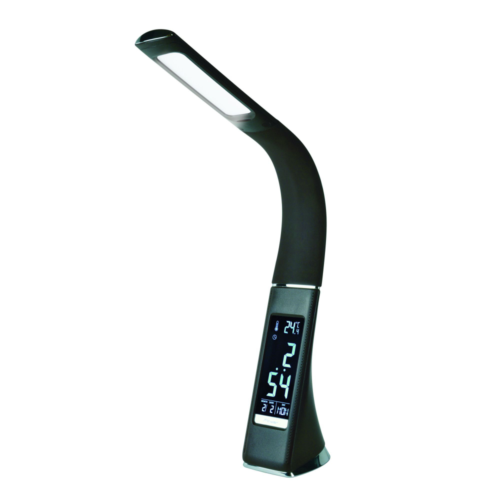 TLD-542 Black/LED/300Lm/5000K/Dimmer Светильник настольный c часами, календарем, термометром, 5W. Сенсорный выключатель. Черный (стилизован под кожу). TM Uniel.